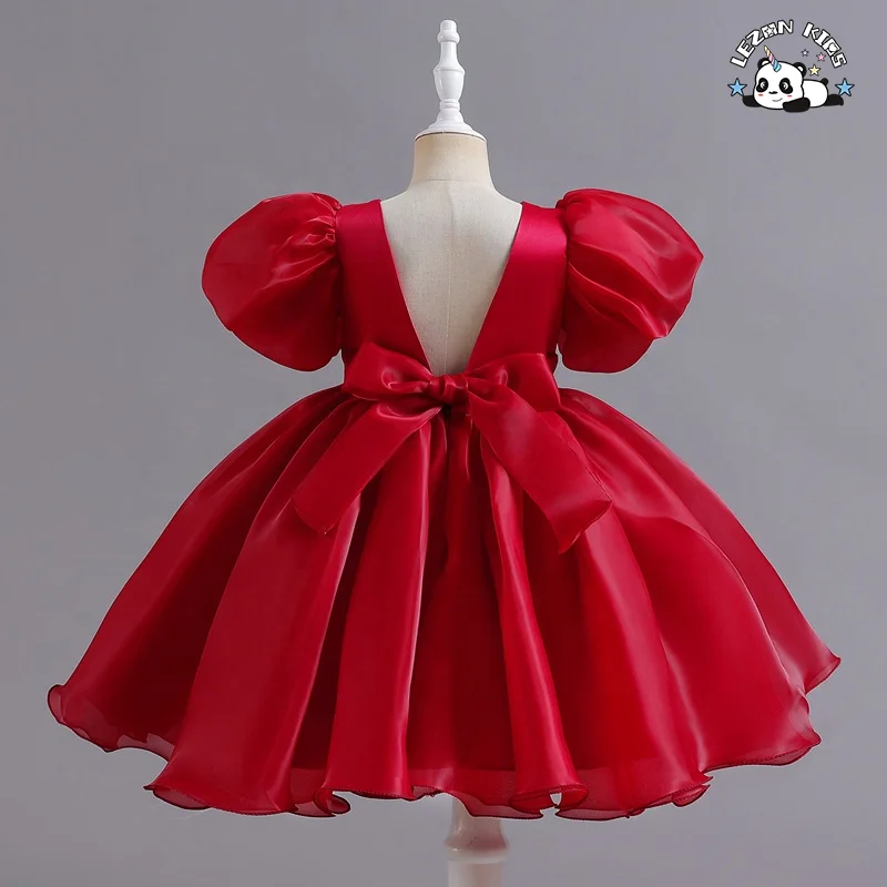 Wholesale High Quality Dot Lace Red Cascading Ruffled Knee Length Flower Girl Dresses for Wedding - Product Image