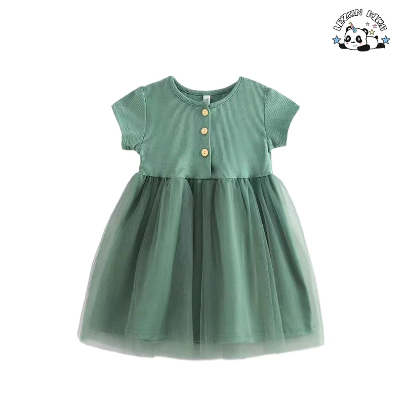Venda por Atacado Vestidos Tutu Casuais de Manga Curta de Cor Pura de Alta Qualidade para Meninas Crianças