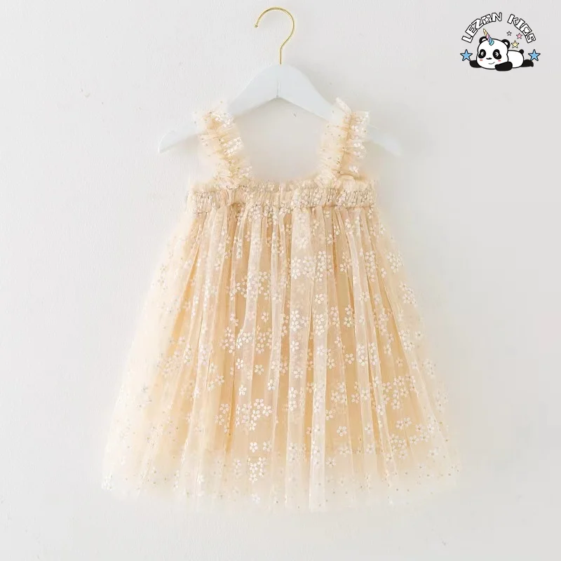 Wholesale High Quality latest beautiful white flower printed with straps princess dress for girl - Product Image