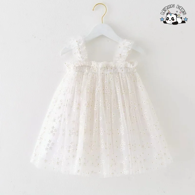 Wholesale High Quality latest beautiful white flower printed with straps princess dress for girl - Product Image
