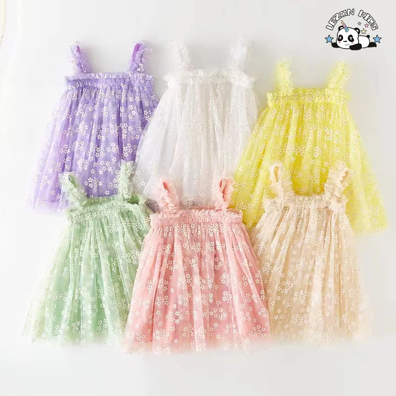 Wholesale High Quality latest beautiful white flower printed with straps princess dress for girl - Product Image