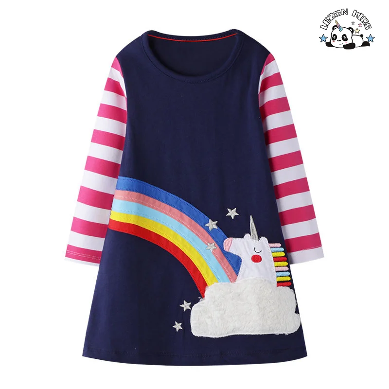 Wholesale Long Sleeve Custom Cartoon Printed Cotton Girls Casual Dresses for Spring