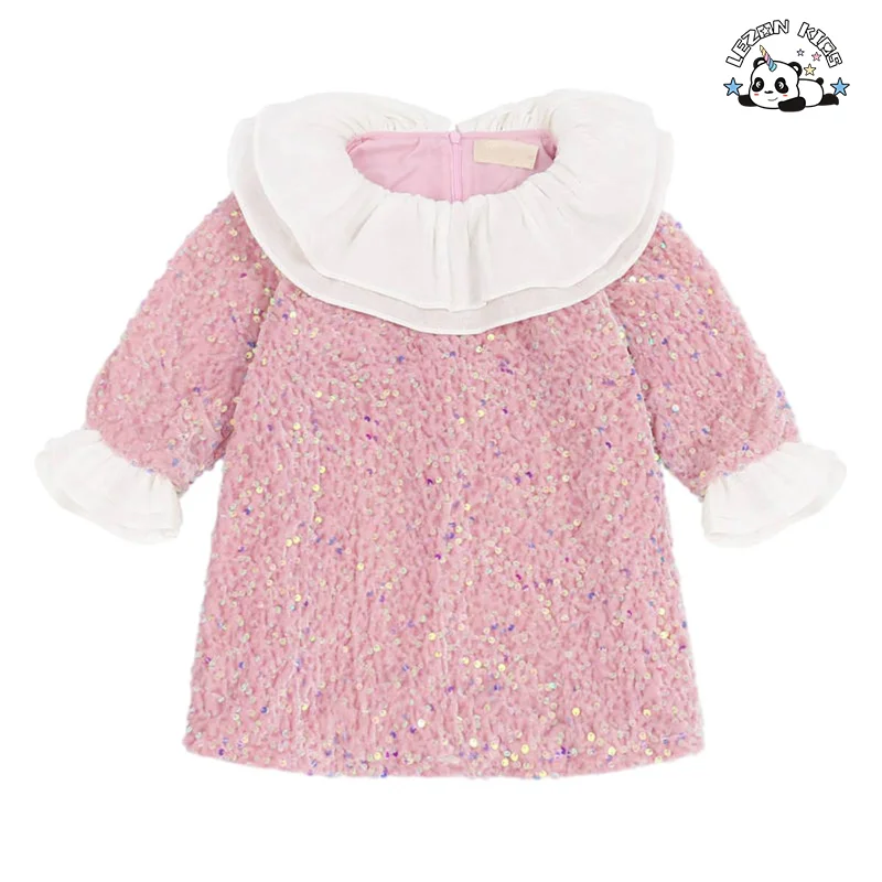 Varejo de Vestidos de Sereia de Veludo com Lantejoulas Azuis para Meninas com Mangas Longas para a Primavera
