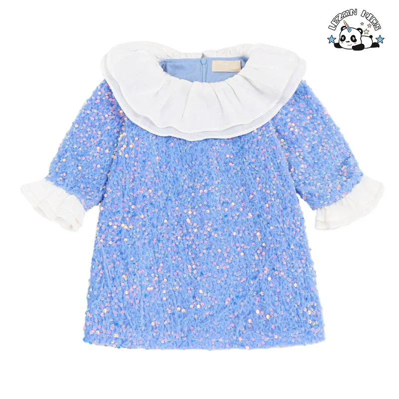 Varejo de Vestidos de Sereia de Veludo com Lantejoulas Azuis para Meninas com Mangas Longas para a Primavera - Product Image