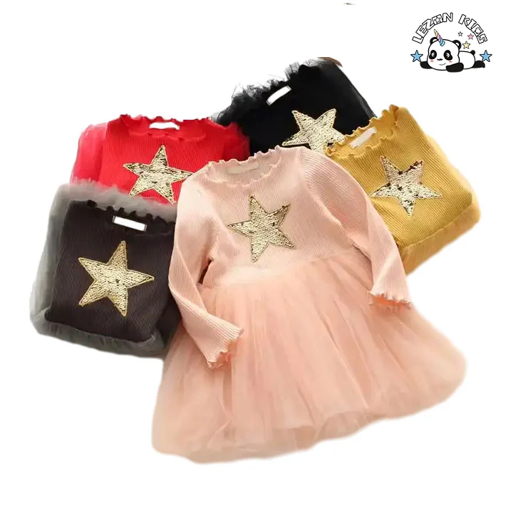 Wholesale Long Sleeves Ribbed Flower Girls' Dresses Toddler Birthday Tutu Dress Little Princess Dress