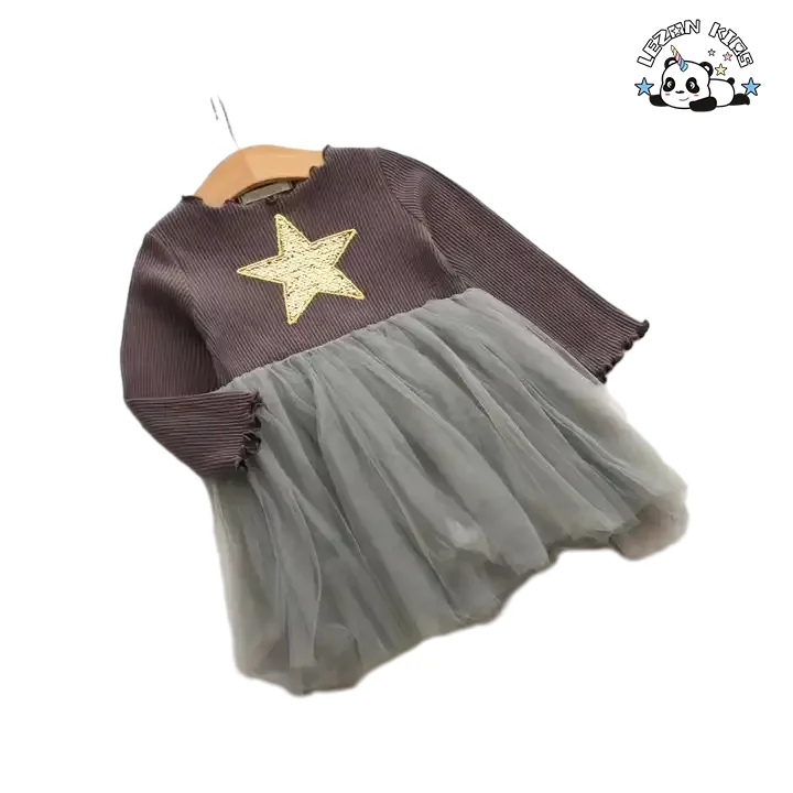 Wholesale Long Sleeves Ribbed Flower Girls' Dresses Toddler Birthday Tutu Dress Little Princess Dress - Product Image
