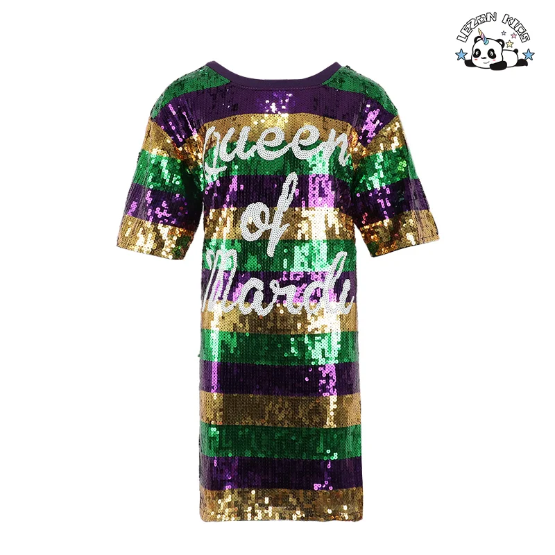 Vestido de Meninas Mardi Gras por Atacado Roupas Personalizadas para Crianças Roupas Camisa de Listras Longas com Lantejoulas Vestido para Meninas