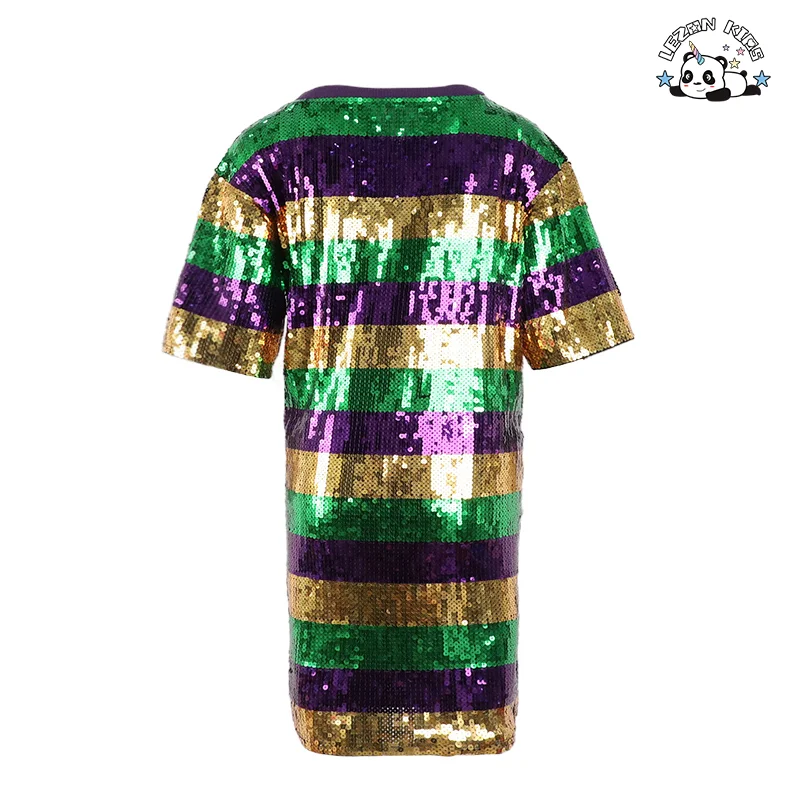 Vestido de Meninas Mardi Gras por Atacado Roupas Personalizadas para Crianças Roupas Camisa de Listras Longas com Lantejoulas Vestido para Meninas - Product Image