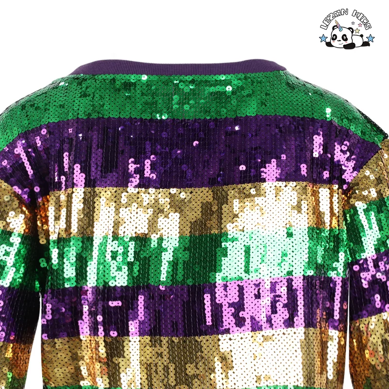 Vestido de Meninas Mardi Gras por Atacado Roupas Personalizadas para Crianças Roupas Camisa de Listras Longas com Lantejoulas Vestido para Meninas - Product Image