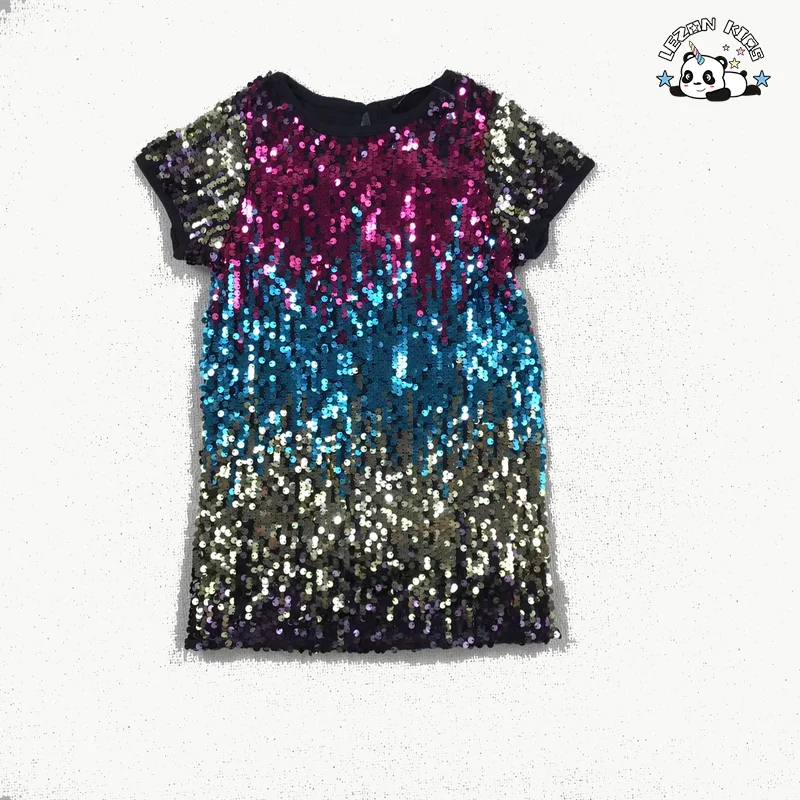 Wholesale New Innovations Short Sleeve Color Gradient Sparkle Sequin Girls Dresses 2-12 Children Clothing
