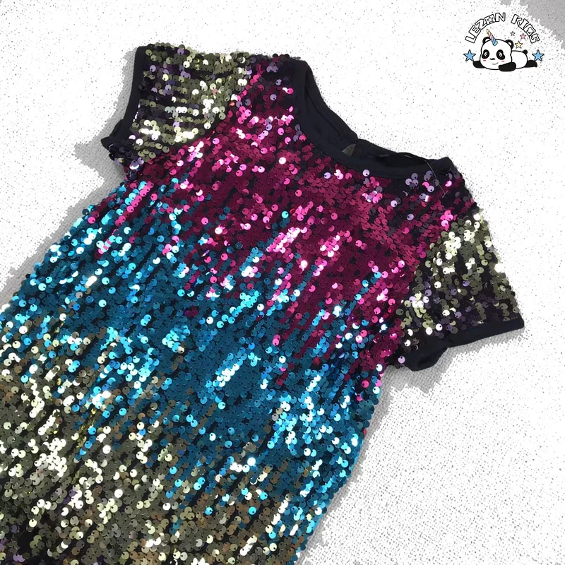 Wholesale New Innovations Short Sleeve Color Gradient Sparkle Sequin Girls Dresses 2-12 Children Clothing - Product Image
