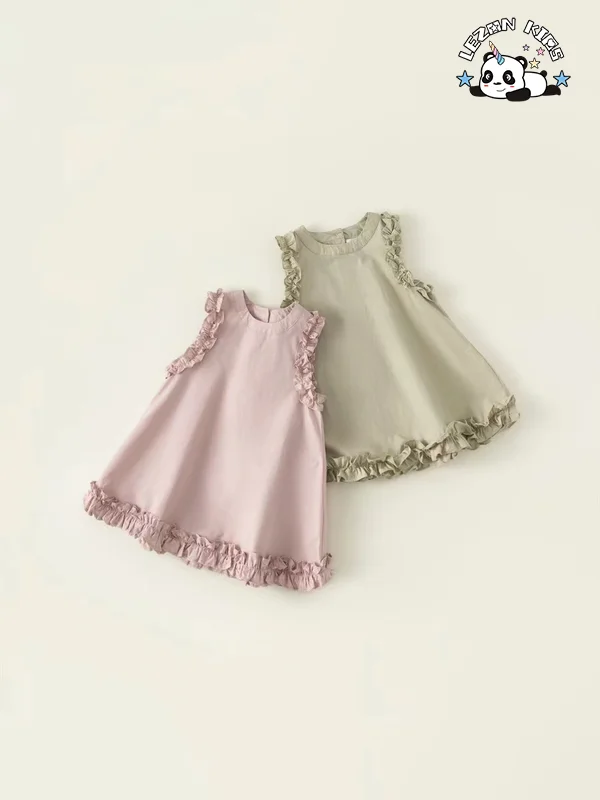 Venda por Atacado Novas Tendências Personalizar Cor Pura Lindo Sem Mangas Últimos Desenhos de Vestidos para Crianças para o Verão - Product Image