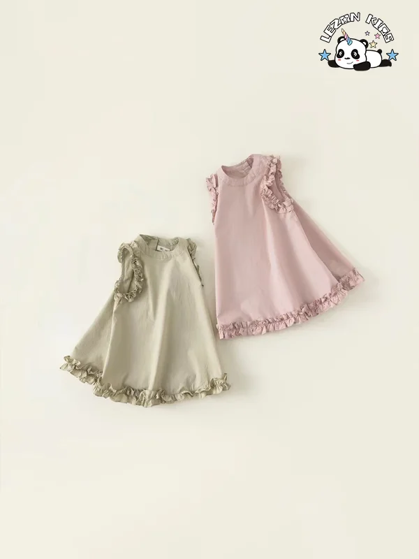 Venda por Atacado Novas Tendências Personalizar Cor Pura Lindo Sem Mangas Últimos Desenhos de Vestidos para Crianças para o Verão - Product Image
