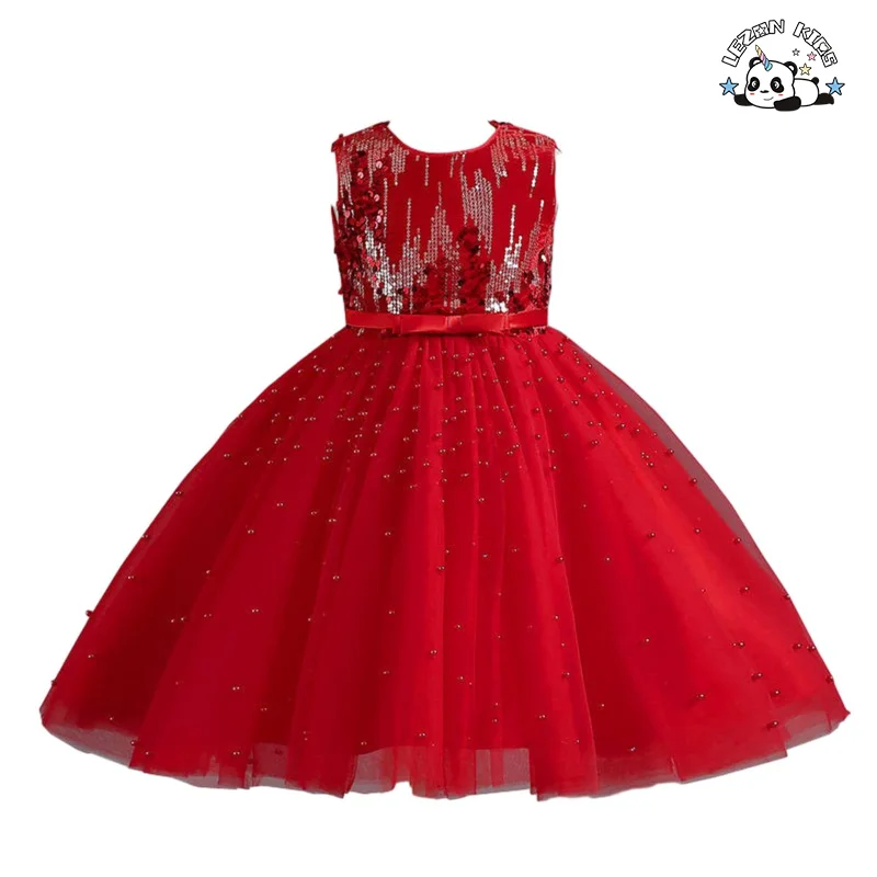 Wholesale Red Sequin Sleeveless  Mesh Poncho Dress Girls Evening Dress Performance Dress