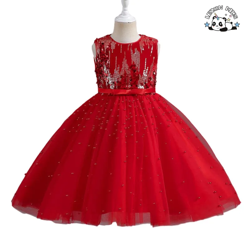 Wholesale Red Sequin Sleeveless Mesh Poncho Dress Girls Evening Dress Performance Dress - Product Image