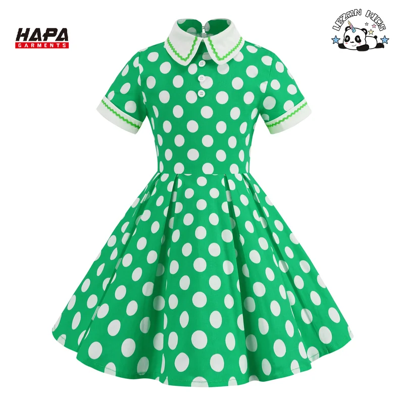 Wholesale Retro Short Sleeve Polka Dot Dress Performance Clothing Elegant Slim Girls Dress for Kids - Product Image