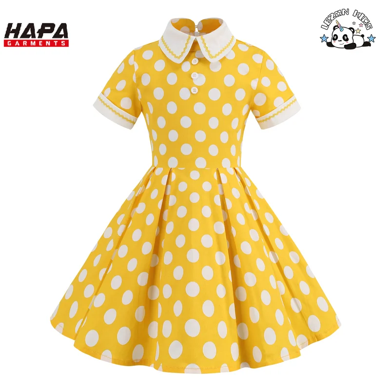 Wholesale Retro Short Sleeve Polka Dot Dress Performance Clothing Elegant Slim Girls Dress for Kids - Product Image