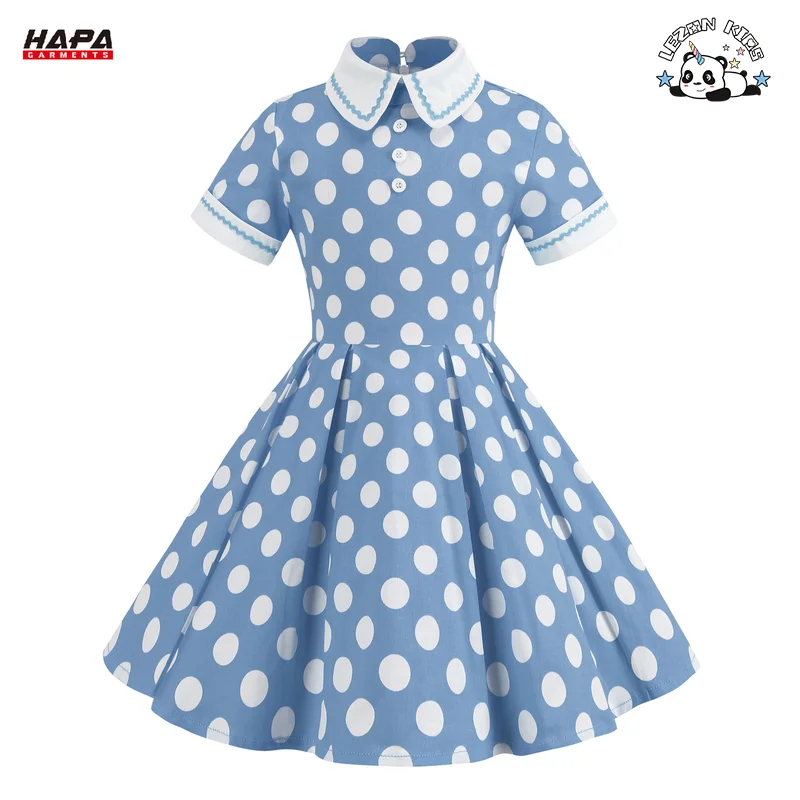Wholesale Retro Short Sleeve Polka Dot Dress Performance Clothing Elegant Slim Girls Dress for Kids - Product Image