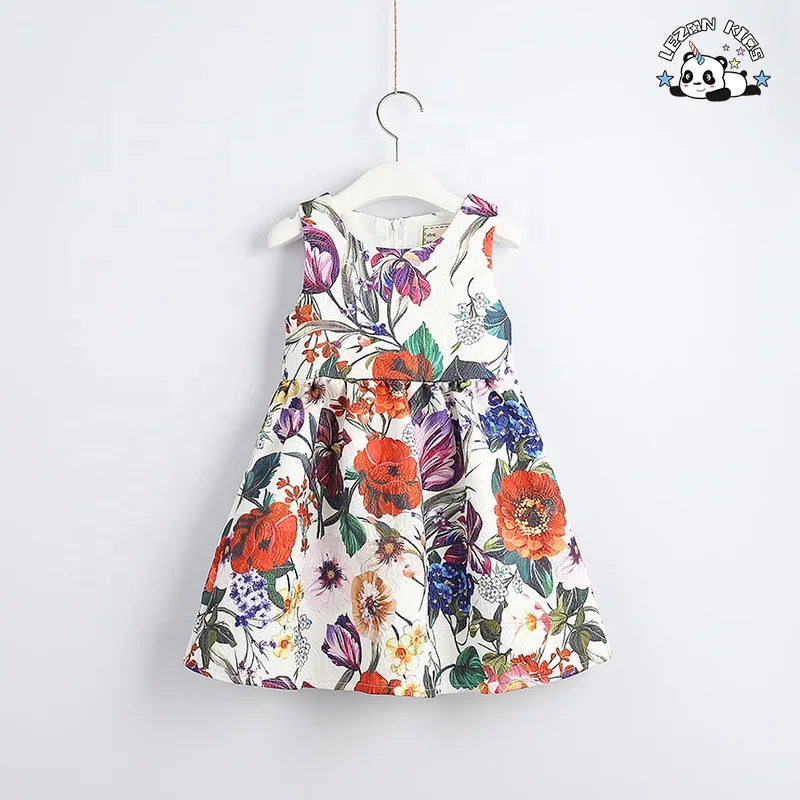 Wholesale Sleeveless Flower Printed Dress Girls Birthday Party Dress Girl Casual Dress for 2-12 Years Made in China