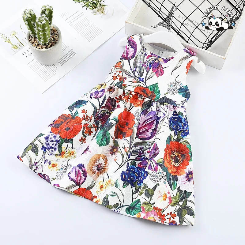 Wholesale Sleeveless Flower Printed Dress Girls Birthday Party Dress Girl Casual Dress for 2-12 Years Made in China - Product Image