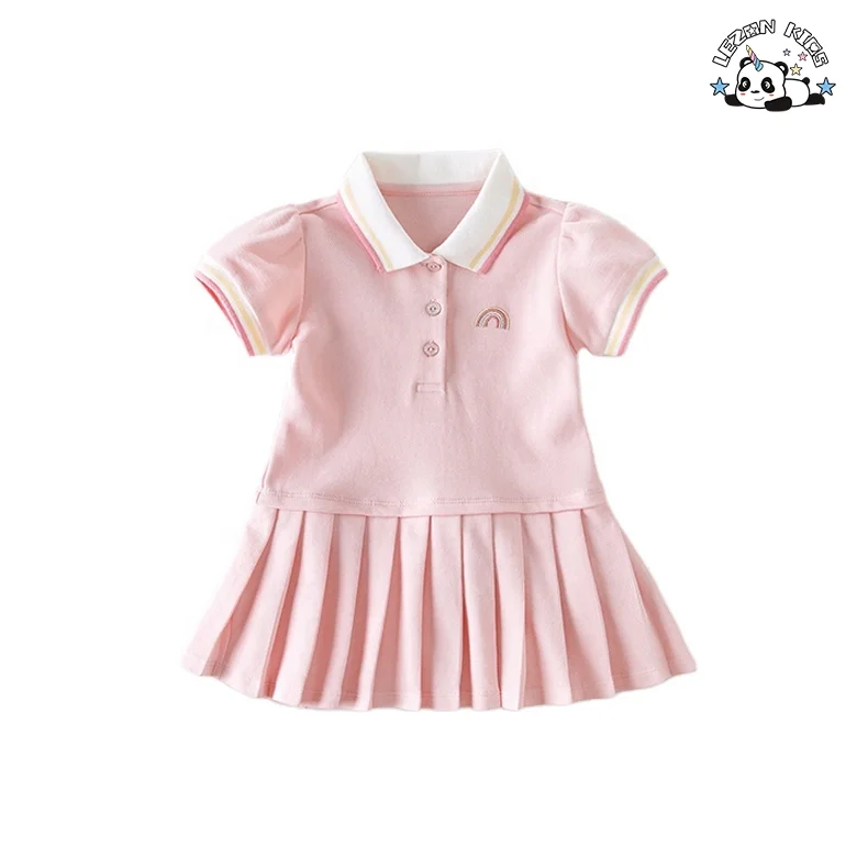 Wholesale Summer Short Sleeve Girls' Dress Pleated Skirt Solid Color Cotton  Toddler Baby Polo Dress