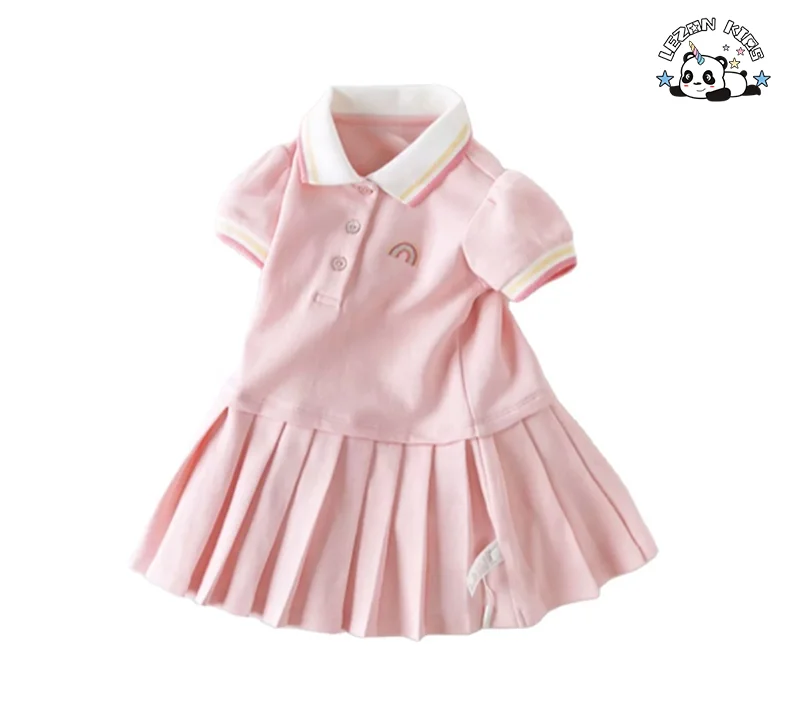 Wholesale Summer Short Sleeve Girls' Dress Pleated Skirt Solid Color Cotton Toddler Baby Polo Dress - Product Image