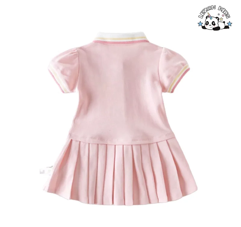 Wholesale Summer Short Sleeve Girls' Dress Pleated Skirt Solid Color Cotton Toddler Baby Polo Dress - Product Image