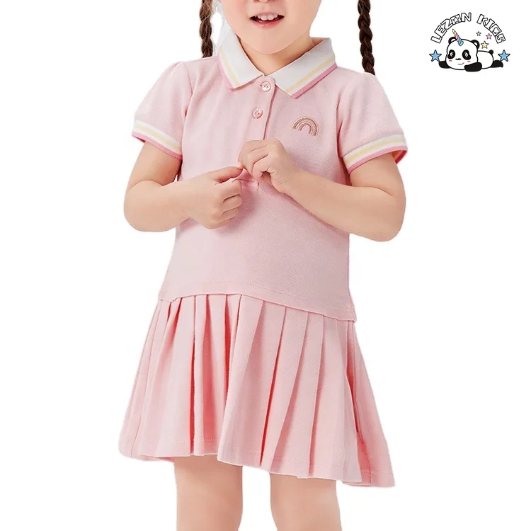 Wholesale Summer Short Sleeve Girls' Dress Pleated Skirt Solid Color Cotton Toddler Baby Polo Dress - Product Image