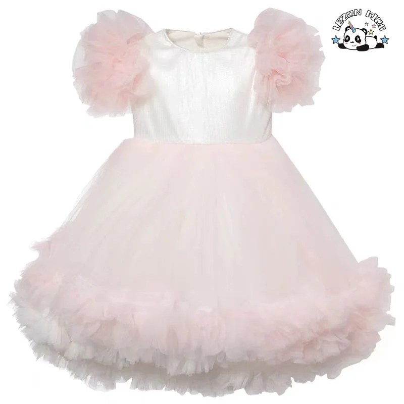 Atacado de novos vestidos de tule curto com mangas tufadas e flores de renda para meninas para casamento