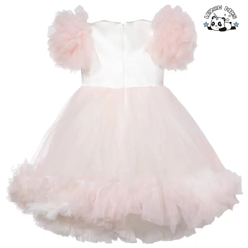 Atacado de novos vestidos de tule curto com mangas tufadas e flores de renda para meninas para casamento - Product Image