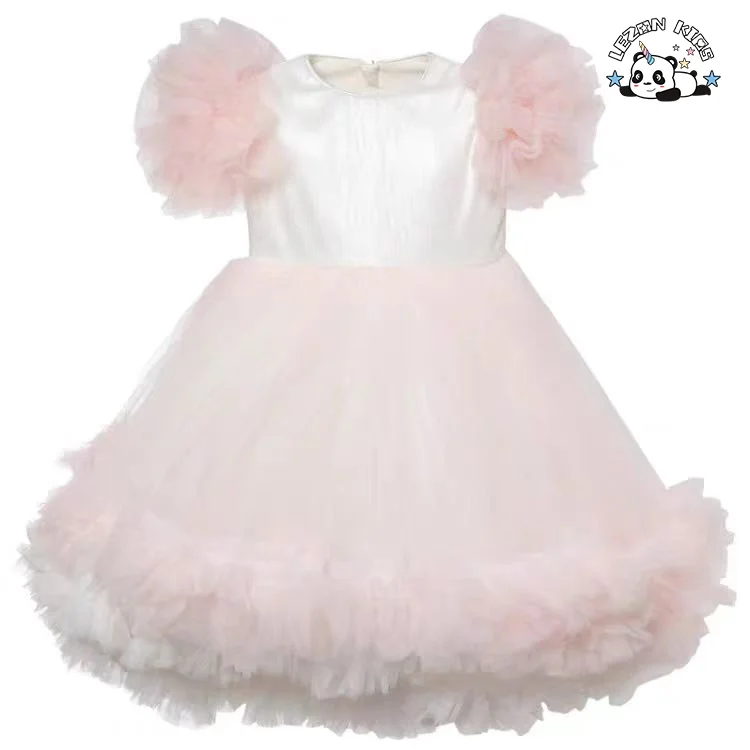 Atacado de novos vestidos de tule curto com mangas tufadas e flores de renda para meninas para casamento - Product Image