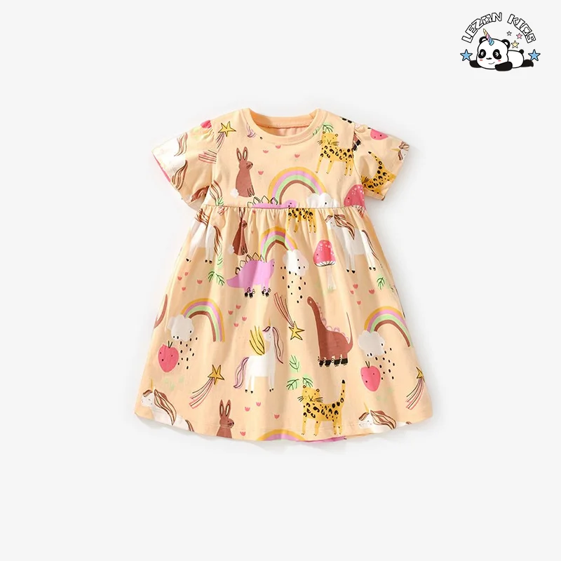 professional factory Cartoon printing Cotton Breathable fabric Summer casual Girls dress - Product Image