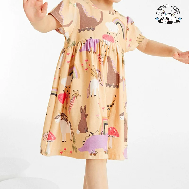professional factory Cartoon printing Cotton Breathable fabric Summer casual Girls dress - Product Image