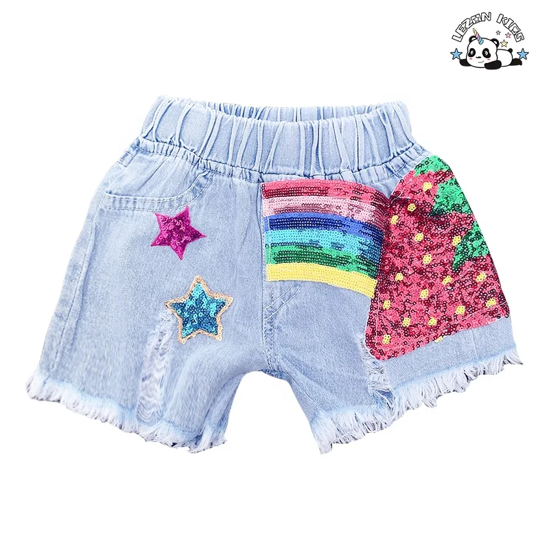 Custom Children Clothing Kids Denim Shorts Light Blue Sequin Ripped  Edge Elastic Waist Girls Denim Shorts