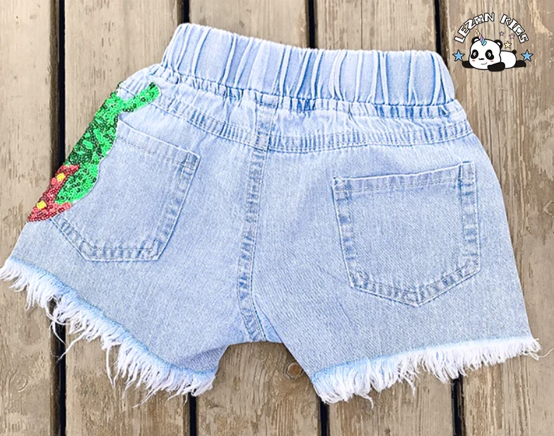 Custom Children Clothing Kids Denim Shorts Light Blue Sequin Ripped Edge Elastic Waist Girls Denim Shorts - Product Image