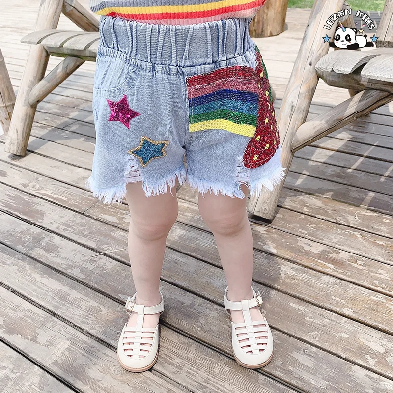 Custom Children Clothing Kids Denim Shorts Light Blue Sequin Ripped Edge Elastic Waist Girls Denim Shorts - Product Image