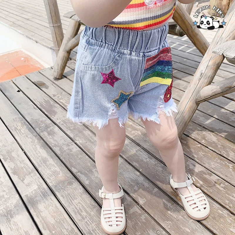 Custom Children Clothing Kids Denim Shorts Light Blue Sequin Ripped Edge Elastic Waist Girls Denim Shorts - Product Image