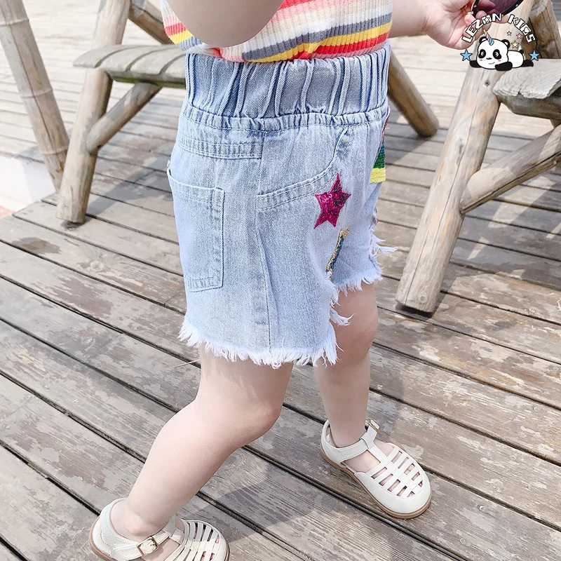Custom Children Clothing Kids Denim Shorts Light Blue Sequin Ripped Edge Elastic Waist Girls Denim Shorts - Product Image