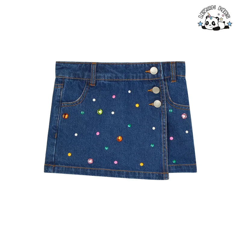 Custom Girls Cute Colorful Beaded Gems Denim Skirt Girls Shorts