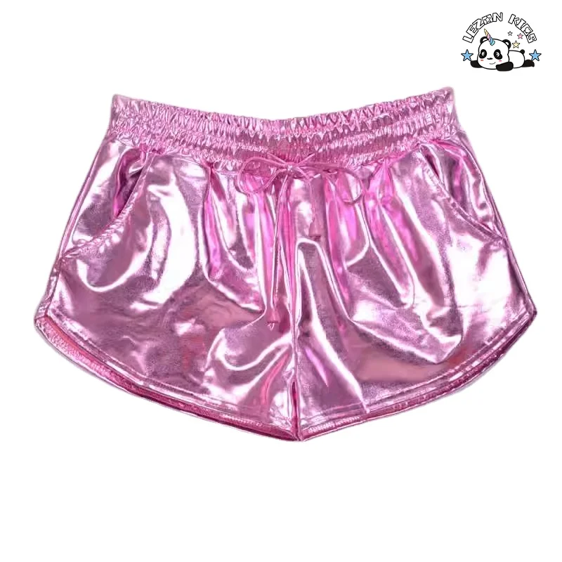 Shorts Metálicos Curtos Brilhantes Personalizados para Meninas, Cintura Elástica, Casual, para Festa