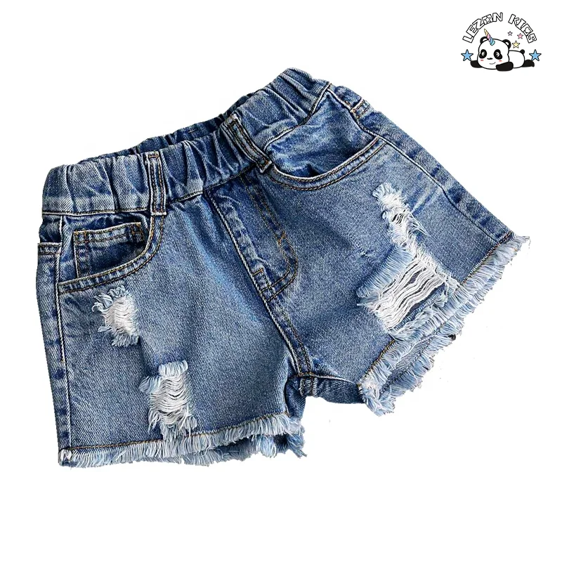 Custom Kids Denim Shorts Mid Waist Casual Western Style Ripped Raw Edge Elastic Waist Cotton Fabric Hot Shorts Pattern Washed