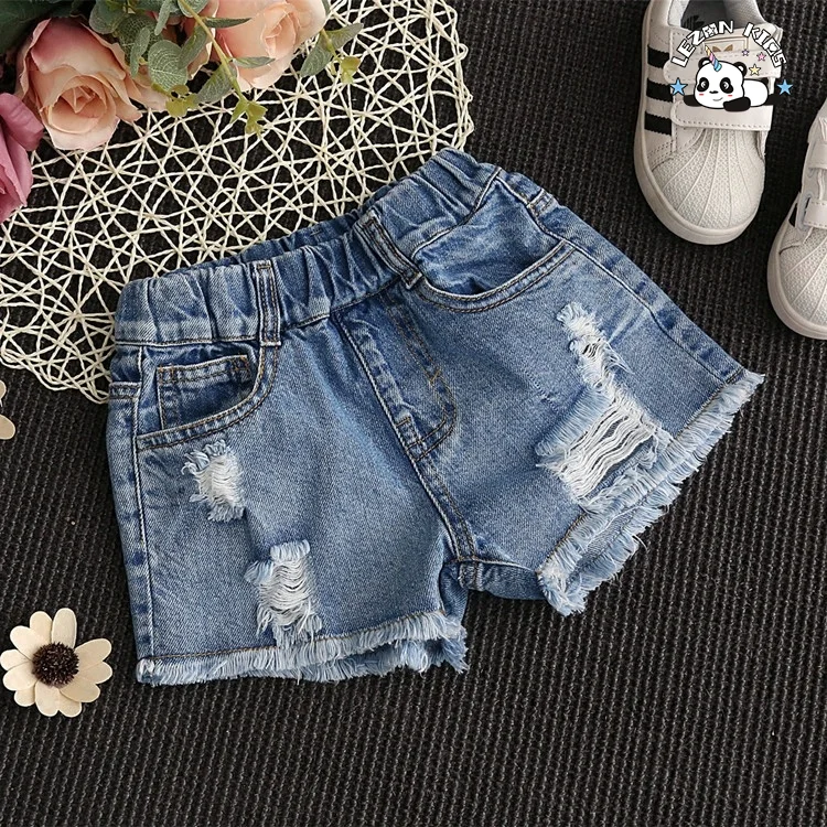 Custom Kids Denim Shorts Mid Waist Casual Western Style Ripped Raw Edge Elastic Waist Cotton Fabric Hot Shorts Pattern Washed - Product Image
