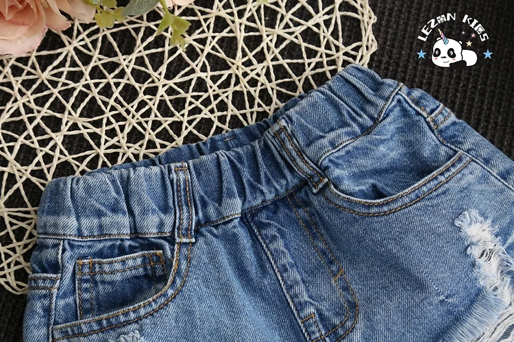 Custom Kids Denim Shorts Mid Waist Casual Western Style Ripped Raw Edge Elastic Waist Cotton Fabric Hot Shorts Pattern Washed - Product Image