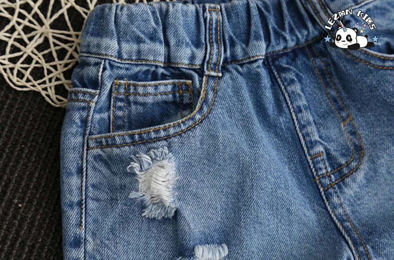 Custom Kids Denim Shorts Mid Waist Casual Western Style Ripped Raw Edge Elastic Waist Cotton Fabric Hot Shorts Pattern Washed - Product Image