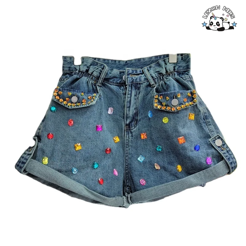 Calções de jeans personalizáveis de alta qualidade para crianças com cristais perfurados à mão para meninas