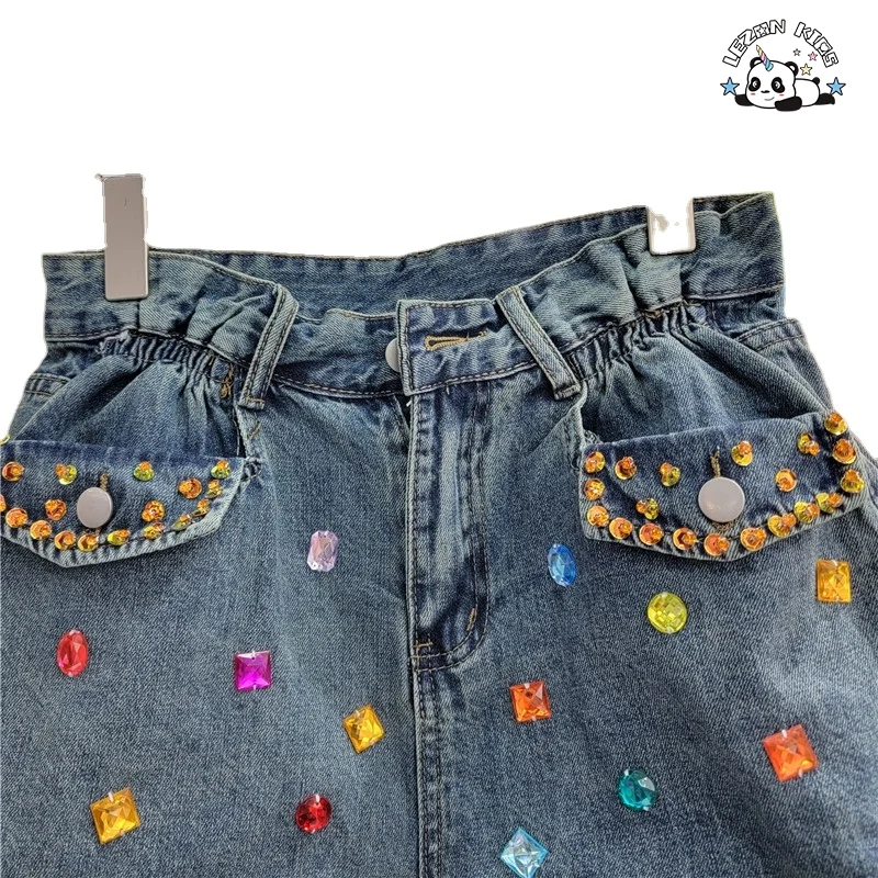 Calções de jeans personalizáveis de alta qualidade para crianças com cristais perfurados à mão para meninas - Product Image