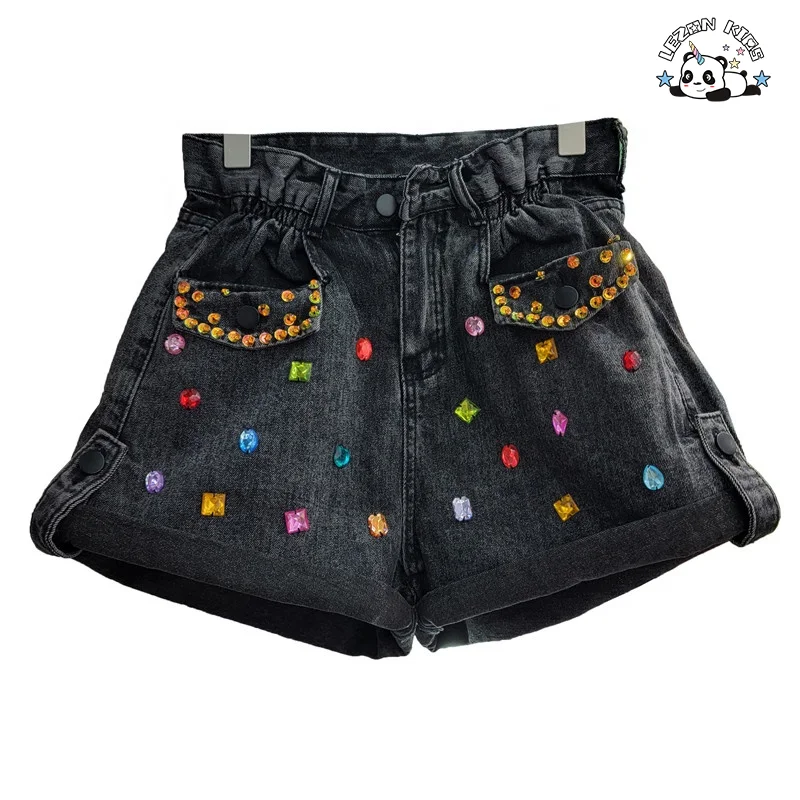 Calções de jeans personalizáveis de alta qualidade para crianças com cristais perfurados à mão para meninas - Product Image