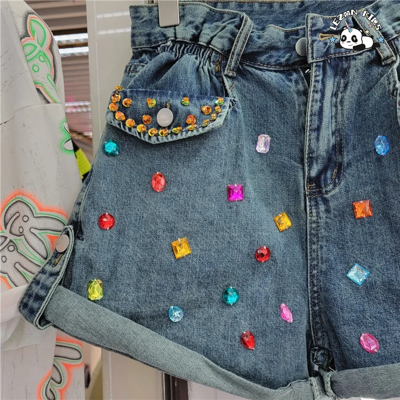 Calções de jeans personalizáveis de alta qualidade para crianças com cristais perfurados à mão para meninas - Product Image