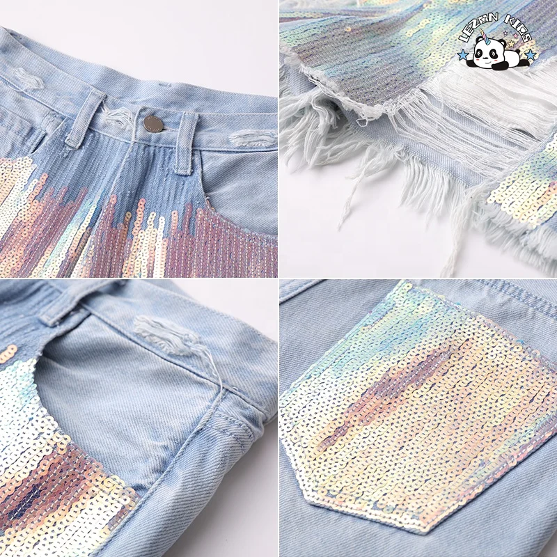 Customizable Children Clothing Girls Mini Hot Shorts Iridescent Sequin Denim Shorts KIds - Product Image