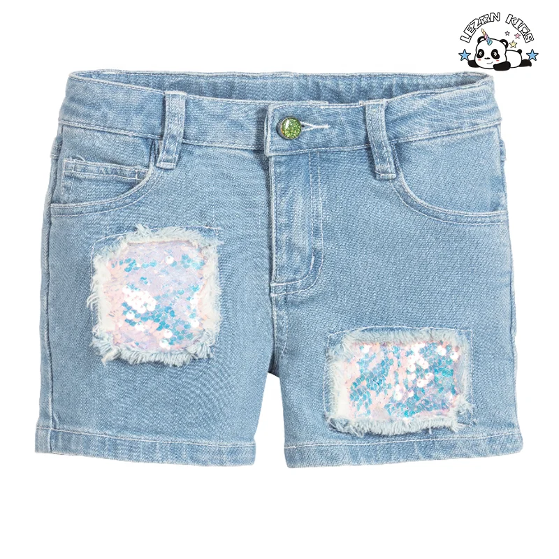 Roupas infantis personalizáveis de tecido denim com lantejoulas iridescentes rosa e azul claro para meninas